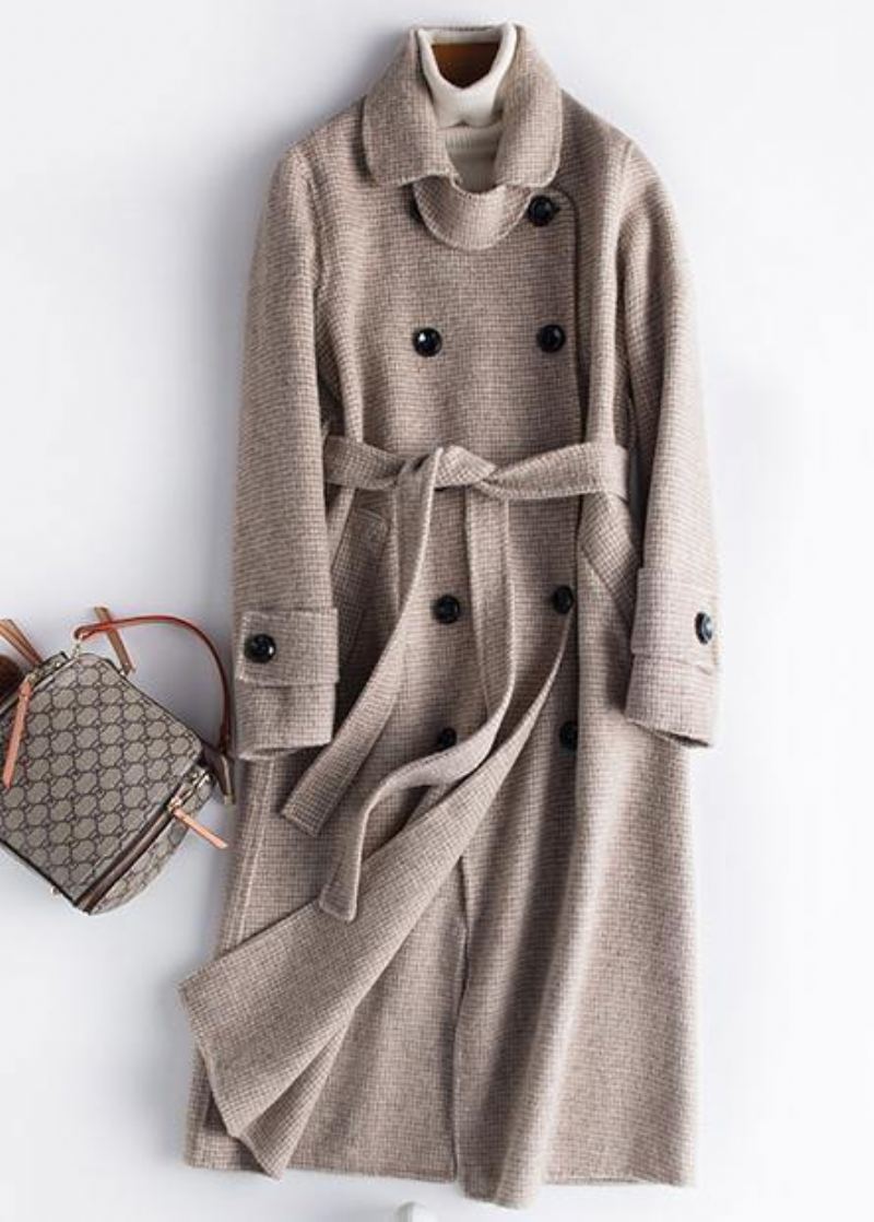 Style Revers Cravate Taille Fine Maxi Manteau Rouge À Carreaux Tunique Outwear - Rouge