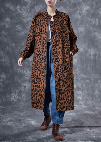 Trench-coat En Coton Avec Poches Imprimé Léopard Surdimensionné Café Italien Printemps