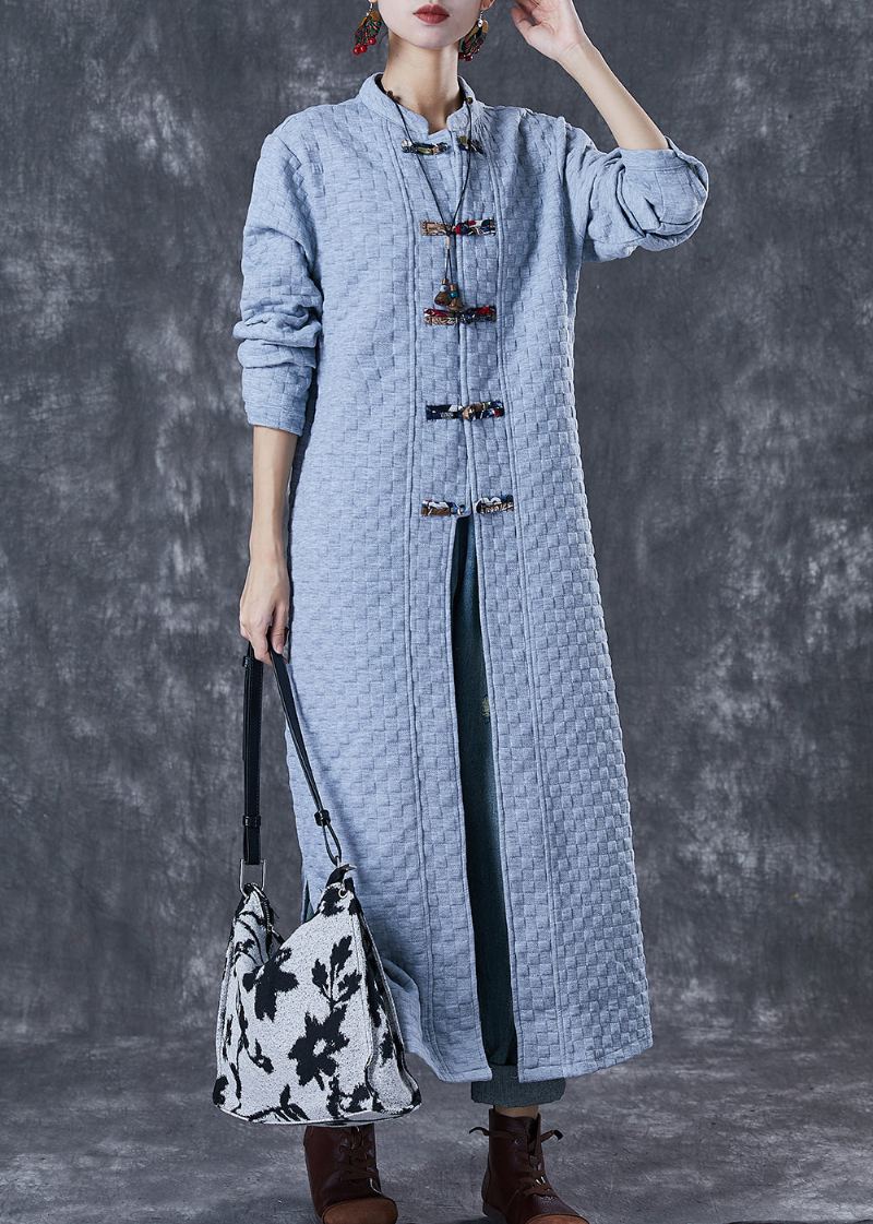 Trench-coat En Coton À Boutons Chinois Grande Taille Bleu Gris Automne