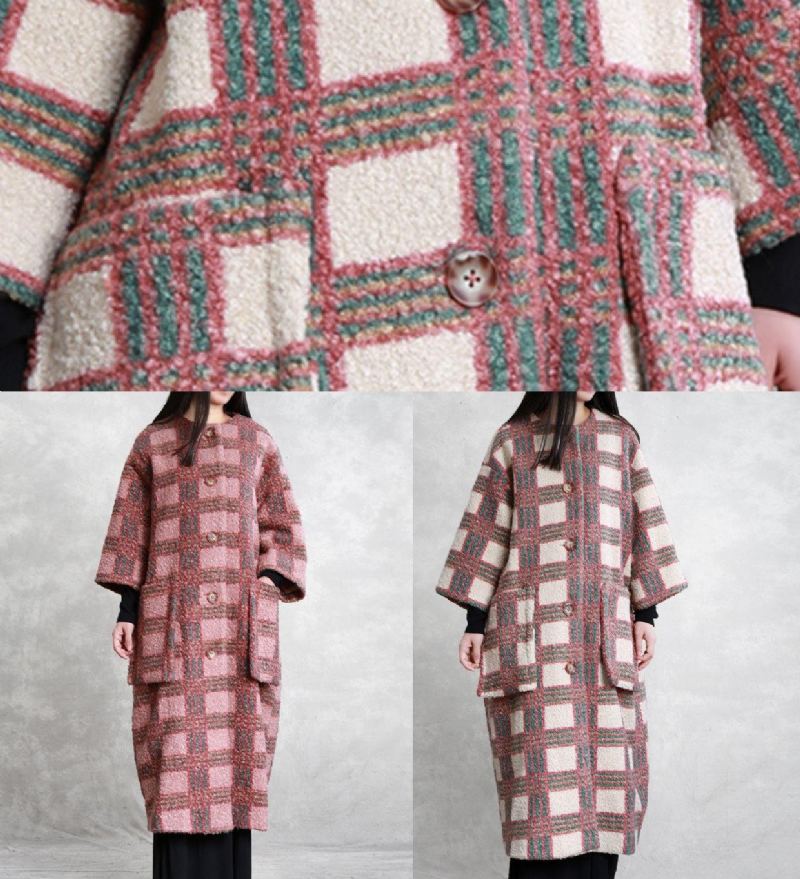 Trench-coat Décontracté Pour Femmes Manteau À Carreaux Couleur Chair Poches À Boutons En Laine - Rouge