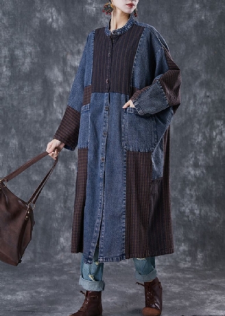 Trench-coat En Denim Bleu Marine Surdimensionné Avec Appliques En Patchwork Grande Taille Printemps