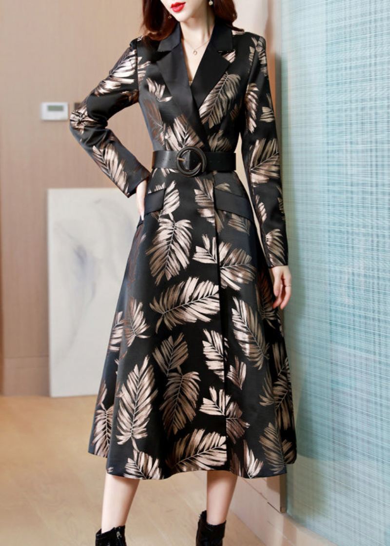 Trench-coat Long En Coton Avec Poches Et Ceintures Noires En Jacquard Automne