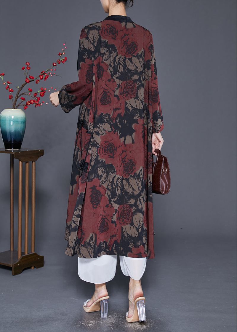 Trench-coat En Soie Imprimé Rouge Surdimensionné Bouton Chinois Automne - Trenchs femmes