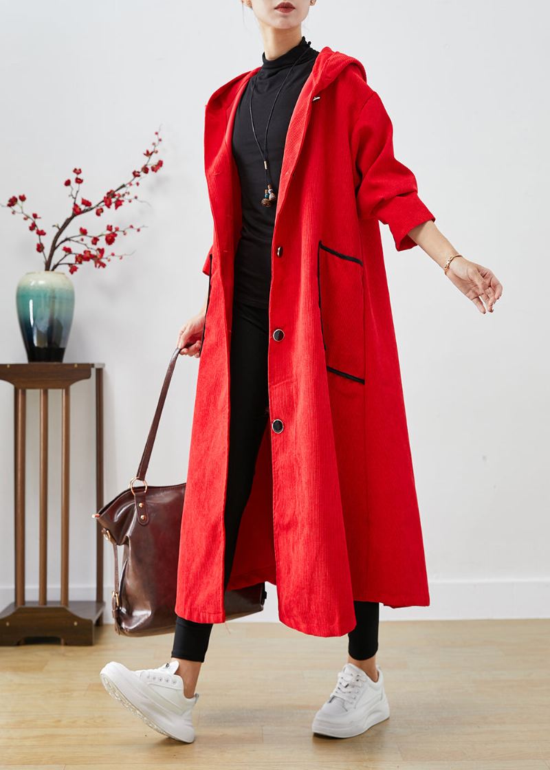 Trench-coat En Velours Côtelé Rouge À Capuche Et Grandes Poches Grande Taille Automne