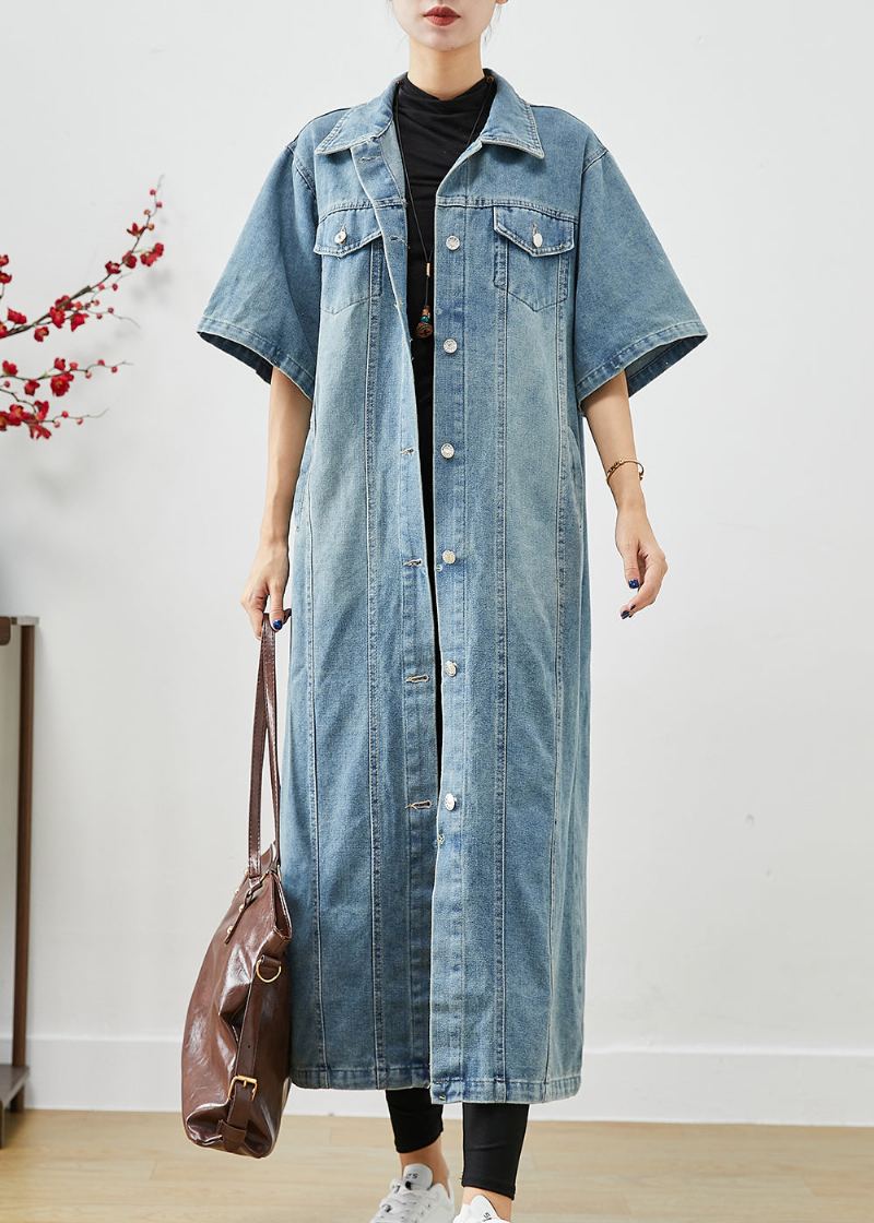 Trench En Coton À Poches Surdimensionnées Bleu Denim Français À Manches Courtes - Trenchs femmes