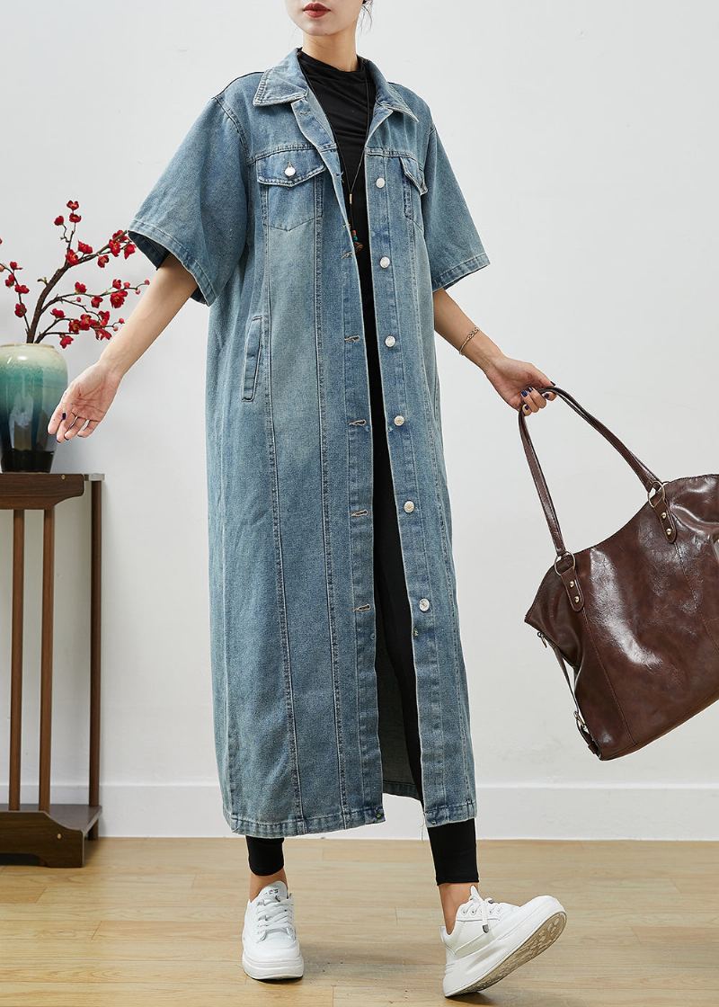 Trench En Coton À Poches Surdimensionnées Bleu Denim Français À Manches Courtes - Trenchs femmes