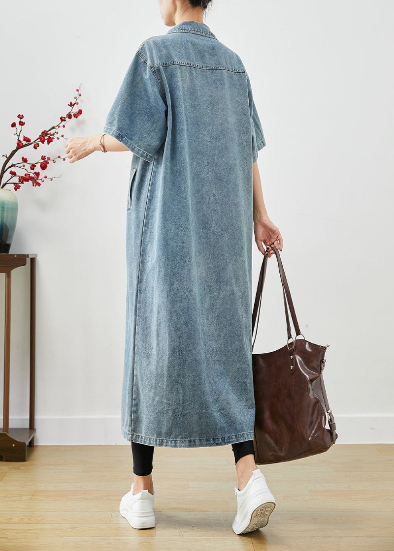 Trench En Coton À Poches Surdimensionnées Bleu Denim Français À Manches Courtes - Trenchs femmes