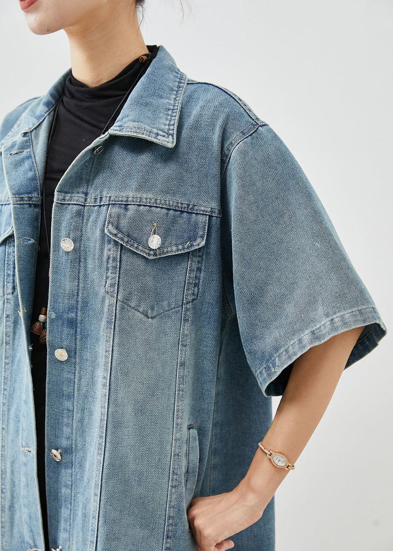 Trench En Coton À Poches Surdimensionnées Bleu Denim Français À Manches Courtes - Trenchs femmes