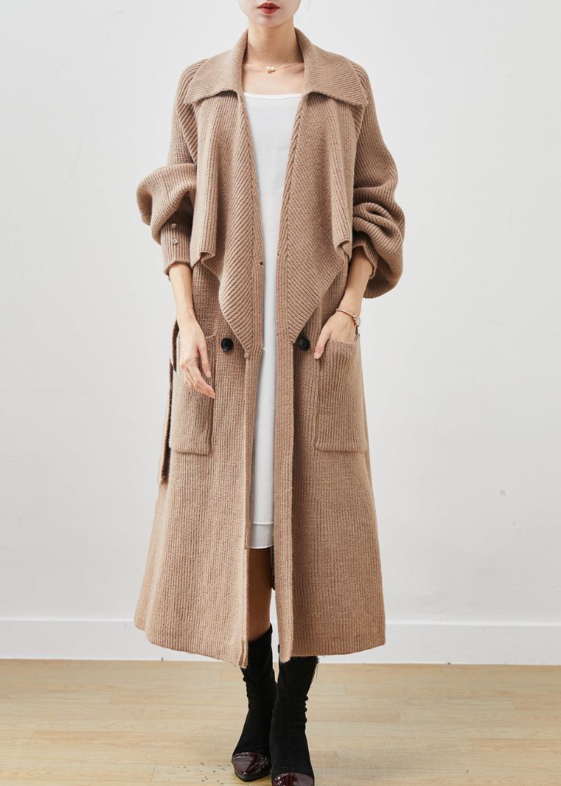 Trench En Tricot Kaki Simple Avec Poches Surdimensionnées Crantées Printemps