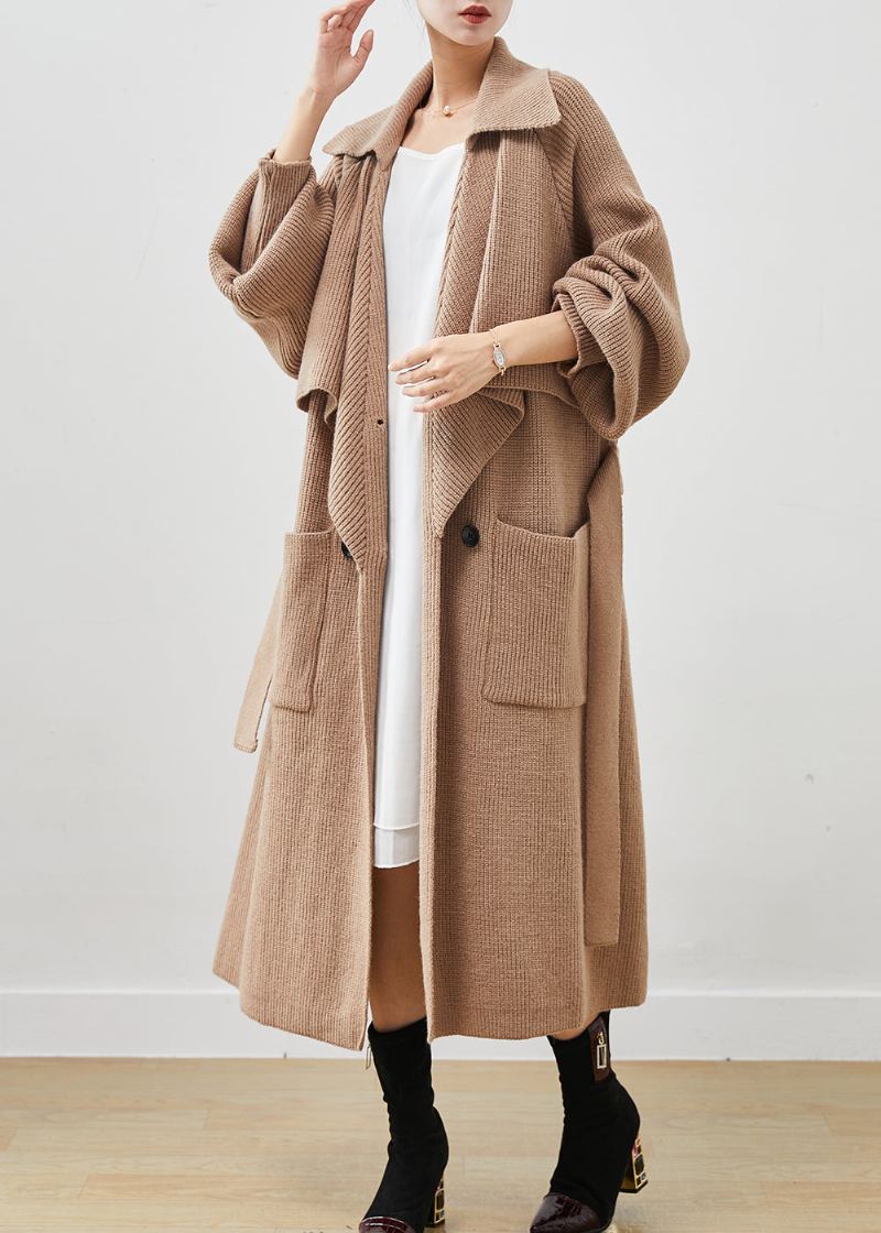 Trench En Tricot Kaki Simple Avec Poches Surdimensionnées Crantées Printemps - Trenchs femmes