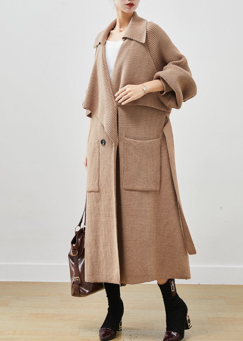 Trench En Tricot Kaki Simple Avec Poches Surdimensionnées Crantées Printemps - Trenchs femmes