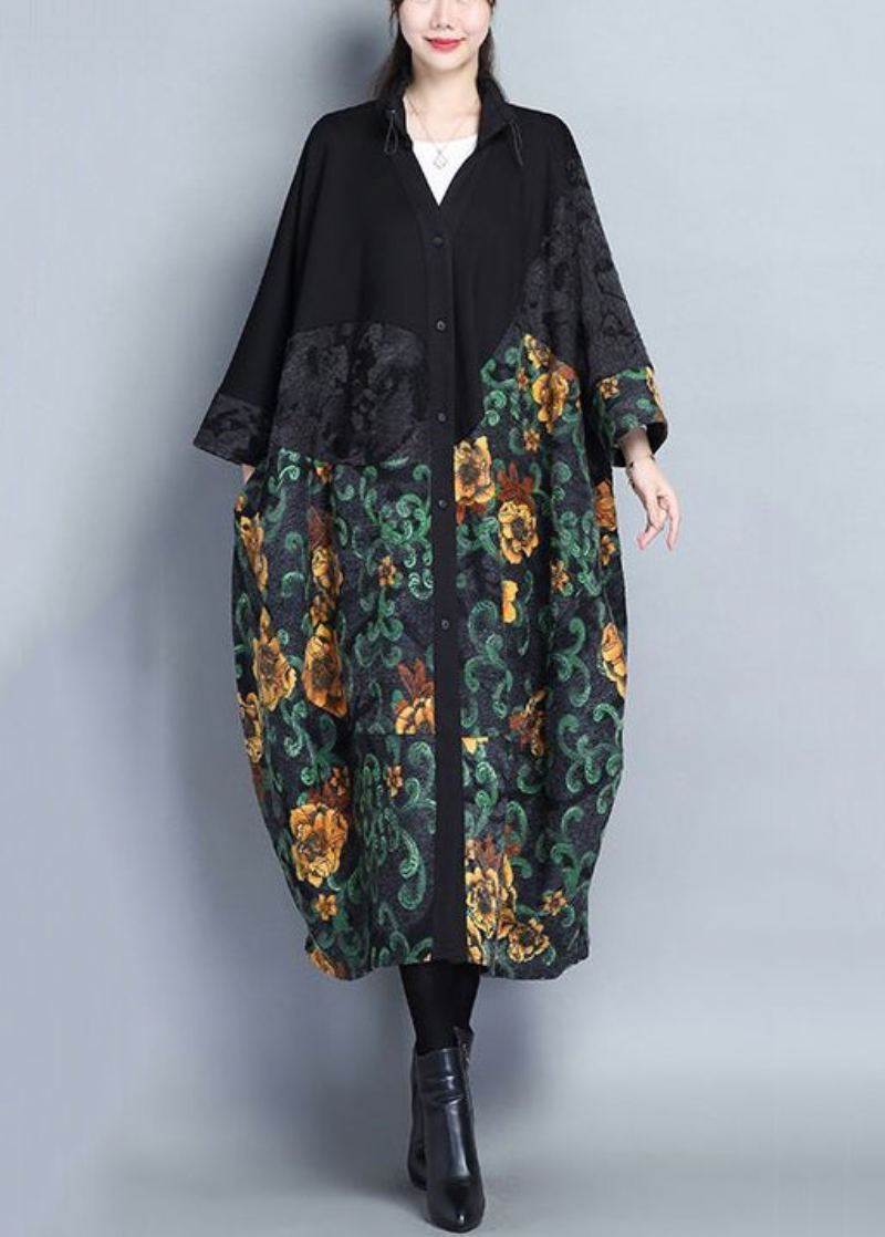 Vert Imprimé Poches Patchwork Coton Longs Trench Manteaux Bouton À Manches Longues - Trenchs femmes