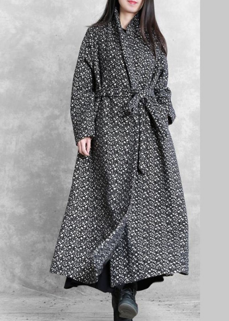 Vestes Longues Surdimensionnées Vêtements D'extérieur Plaid Noir Col En V Cravate À La Taille Manteau En Laine - Trenchs femmes