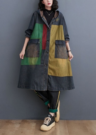 Vintage Colorblock Patchwork Bouton À Capuche Denim Trench Manteau À Manches Longues