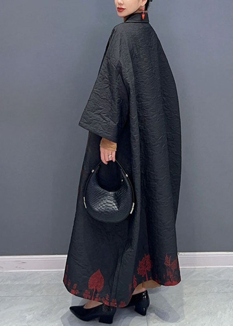Vintage Noir Asymétrique Imprimé Longs Trench Manteaux À Manches Longues - Trenchs femmes