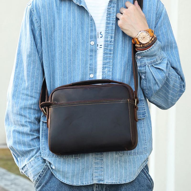Sac À Bandoulière En Cuir Véritable Pour Hommes Sacoche Vintage Mini Sac À - Marron Foncé