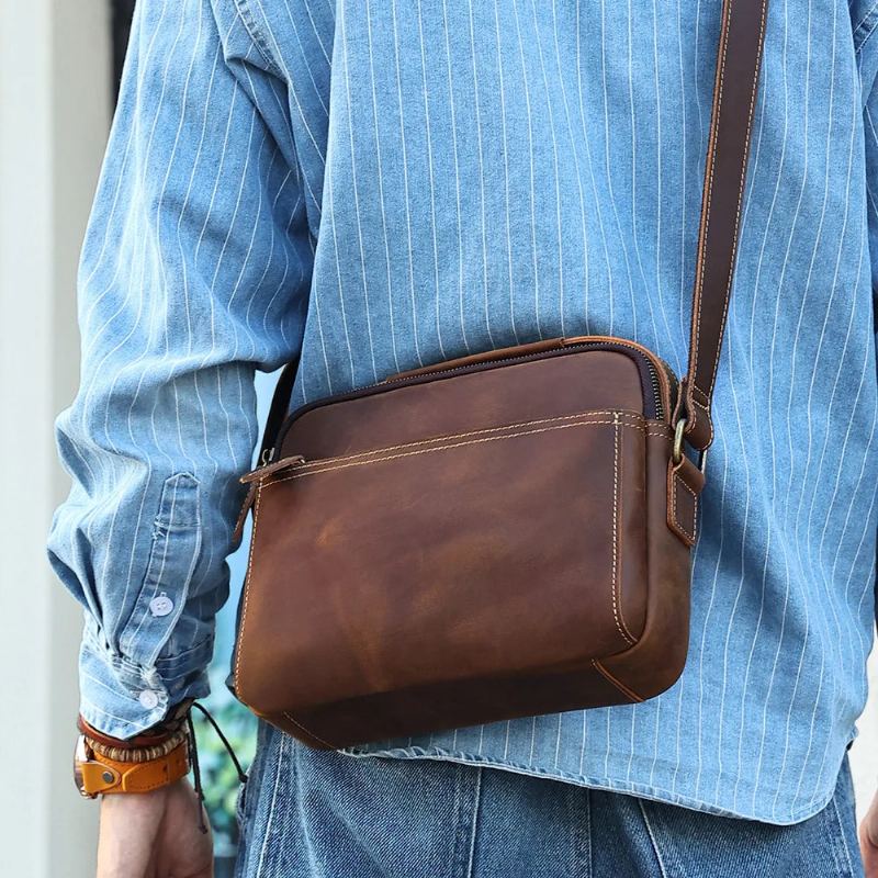 Sac À Bandoulière En Cuir Véritable Pour Hommes Sacoche Vintage Mini Sac À - Marron Foncé