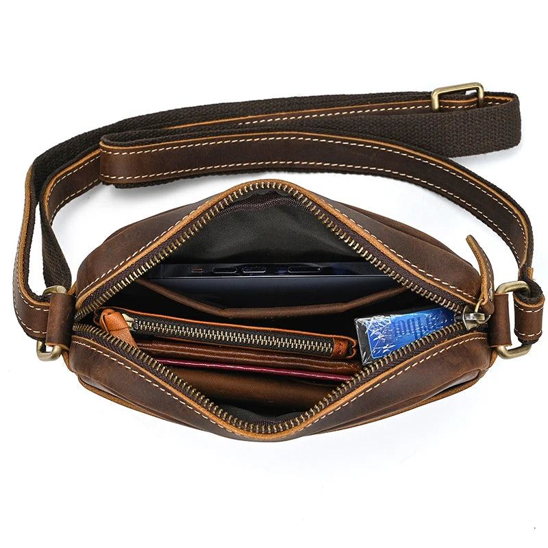 Sac À Bandoulière En Cuir Véritable Pour Hommes Sacoche Vintage Mini Sac À - Marron Foncé