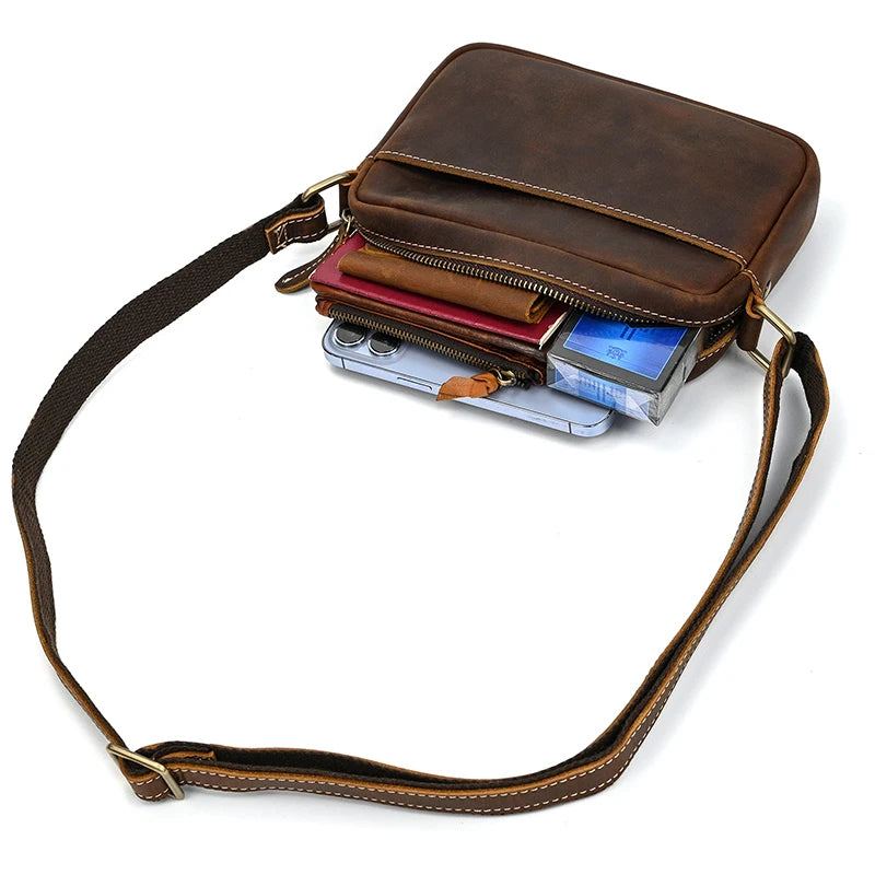 Sac À Bandoulière En Cuir Véritable Pour Hommes Sacoche Vintage Mini Sac À - Marron Foncé