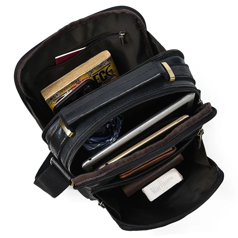 Sac À Bandoulière Multifonction Pour Hommes En Cuir Véritable Étanche Grande Capacité Sac À D'affaires Sacs De Voyage Noirs - Noir