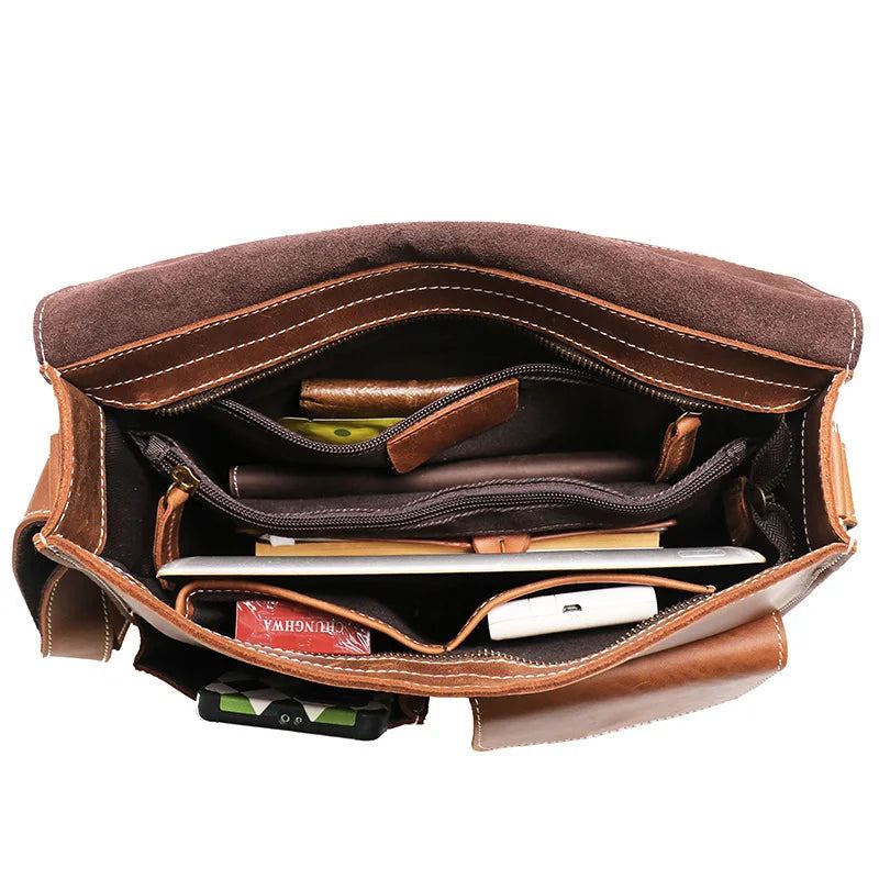 Sac À Bandoulière Rétro Décontracté Pour Hommes Sac À En Cuir Sacoche De Grande Capacité - Marron