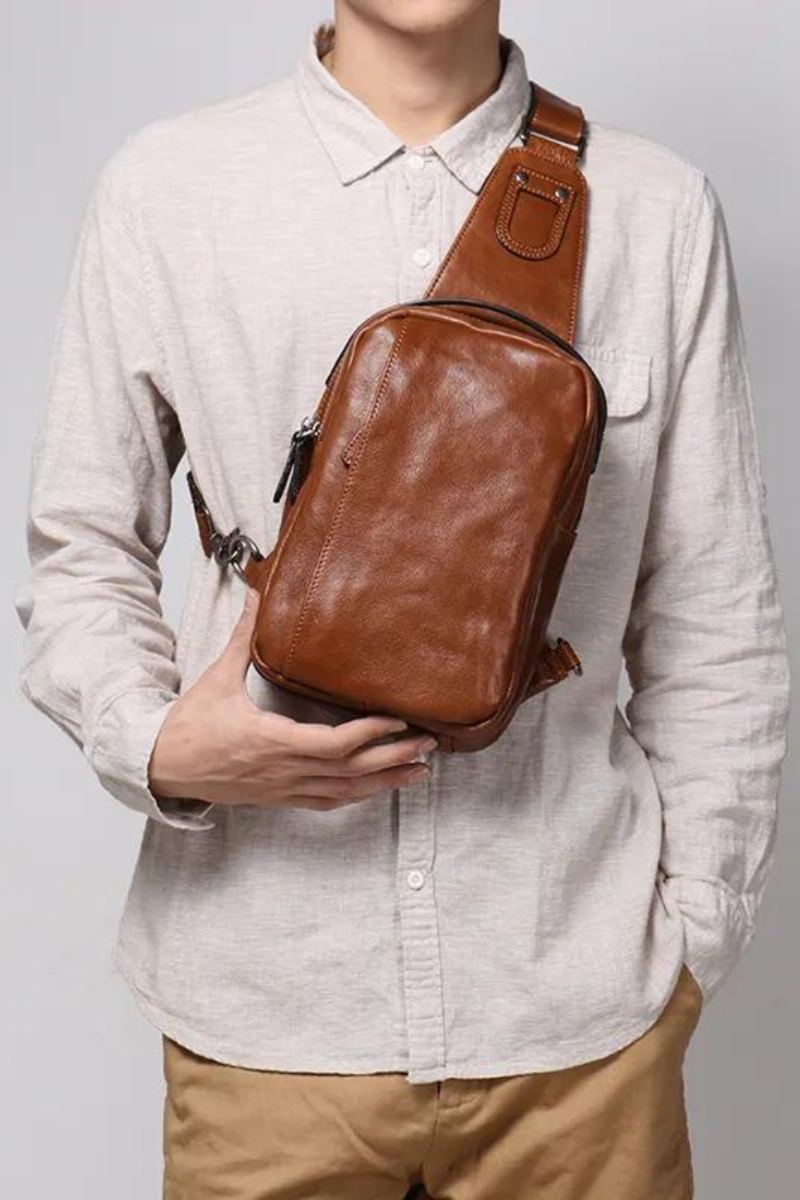 Sac De Poitrine En Cuir Véritable Pour Hommes Sac À Main Décontracté Sac À Bandoulière Tendance À Une Épaule