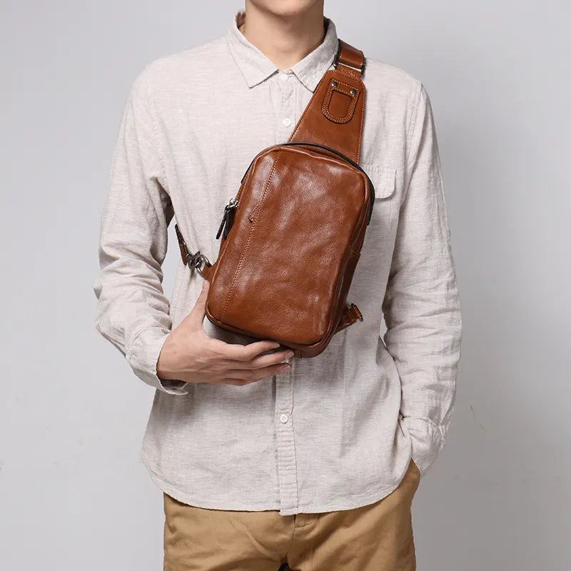 Sac De Poitrine En Cuir Véritable Pour Hommes Sac À Main Décontracté Sac À Bandoulière Tendance À Une Épaule - Brun Vintage