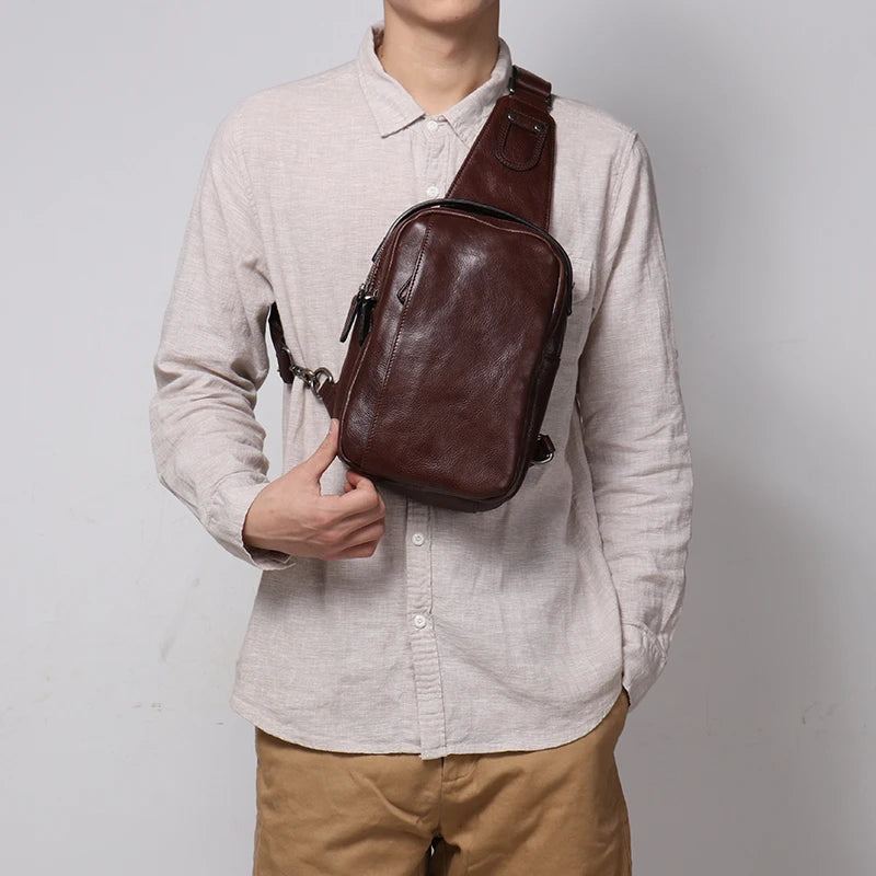 Sac De Poitrine En Cuir Véritable Pour Hommes Sac À Main Décontracté Sac À Bandoulière Tendance À Une Épaule - Brun Vintage