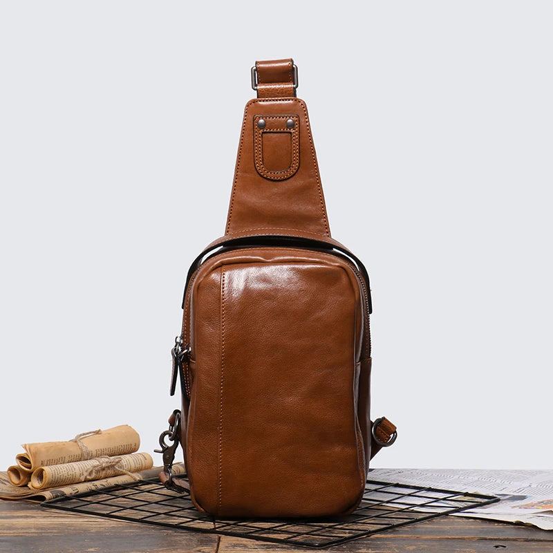 Sac De Poitrine En Cuir Véritable Pour Hommes Sac À Main Décontracté Sac À Bandoulière Tendance À Une Épaule - Brun Vintage