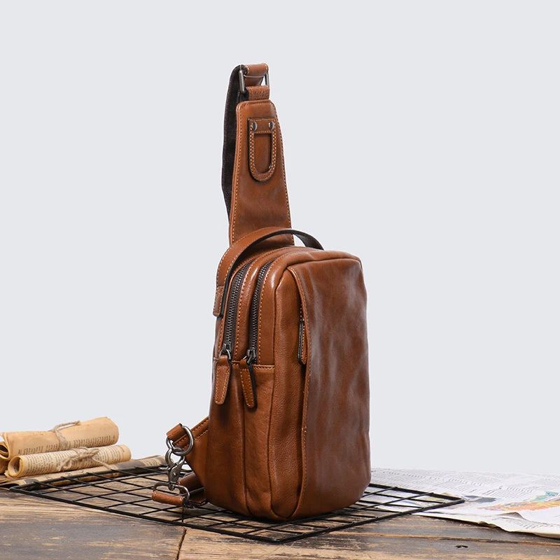 Sac De Poitrine En Cuir Véritable Pour Hommes Sac À Main Décontracté Sac À Bandoulière Tendance À Une Épaule - Brun Vintage