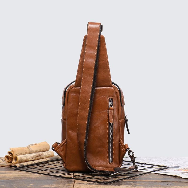 Sac De Poitrine En Cuir Véritable Pour Hommes Sac À Main Décontracté Sac À Bandoulière Tendance À Une Épaule - Brun Vintage