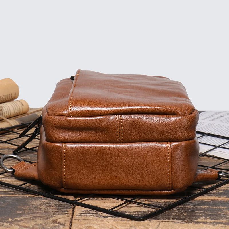 Sac De Poitrine En Cuir Véritable Pour Hommes Sac À Main Décontracté Sac À Bandoulière Tendance À Une Épaule - Brun Vintage
