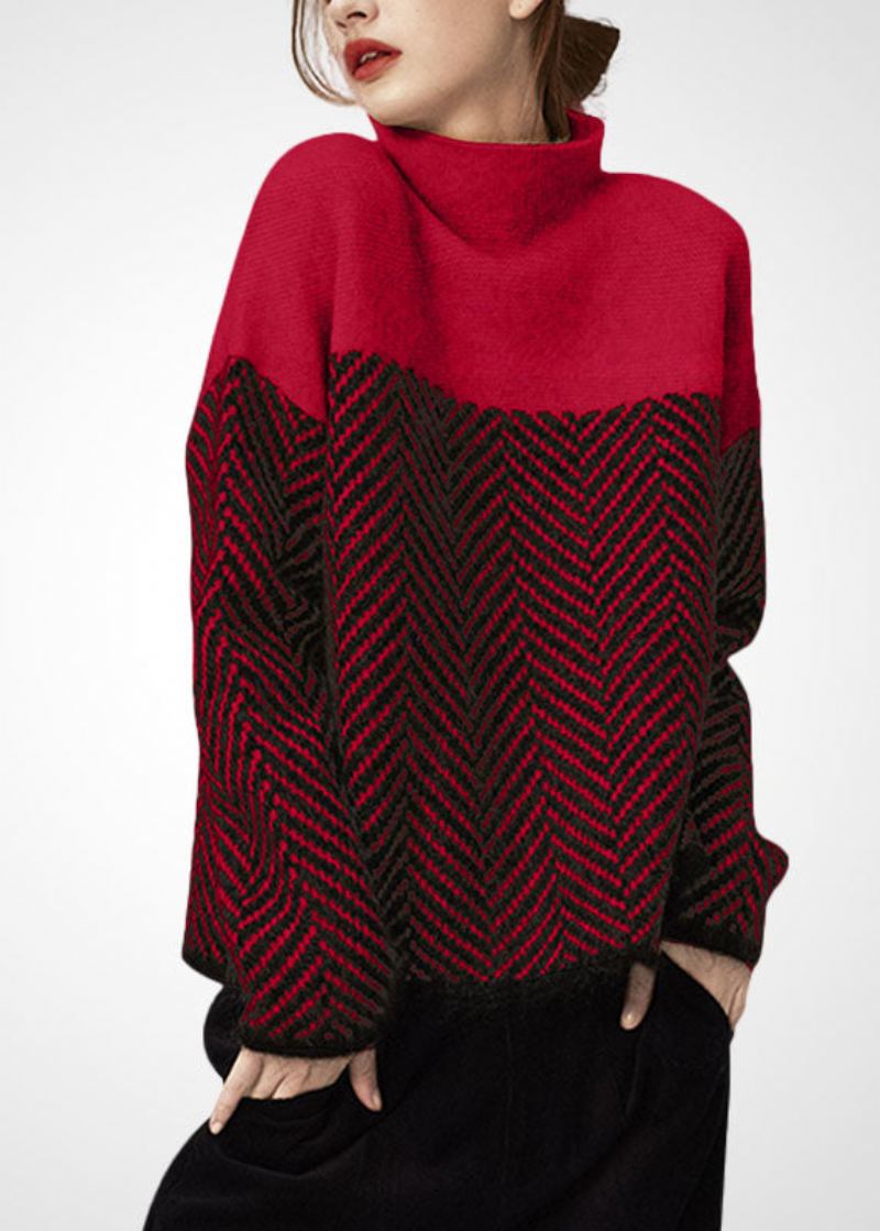 Art Purple Col Haut Surdimensionné Patchwork Laine Pull Court Hiver - Manteaux en laine femmes