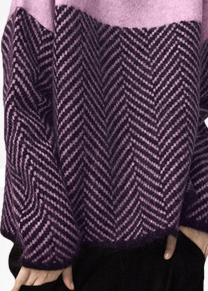 Art Purple Col Haut Surdimensionné Patchwork Laine Pull Court Hiver - Manteaux en laine femmes