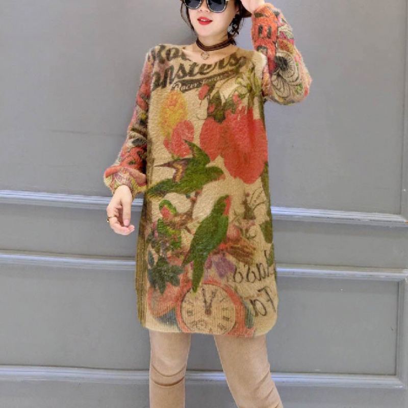 Baggy Lâche Oiseau Imprimé Laine Mélangé Pull Hauts Élastique Grande Taille Décontracté Femmes Tricot - Manteaux en laine femmes