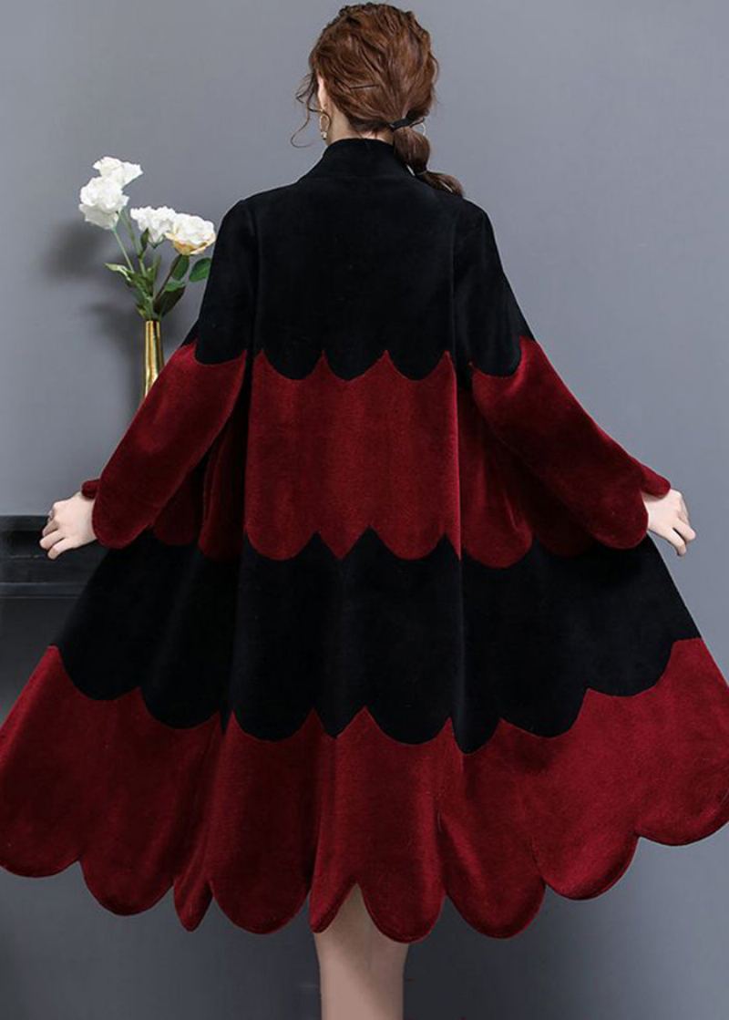 Boho Noir Rouge Col Montant Patchwork Laine Manteau Hiver
