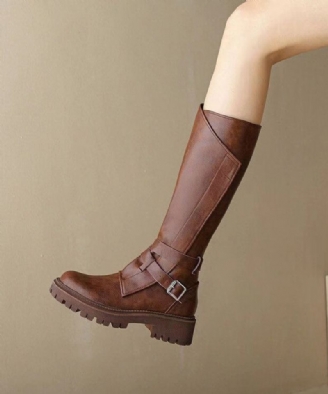 Bottes Chics À Talons Épais En Simili Cuir Marron Doublées De Laine Pelucheuse