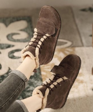 Bottes Chocolat En Cuir De Vachette Doublées De Laine Pelucheuse À Sangles Croisées Faites À La Main