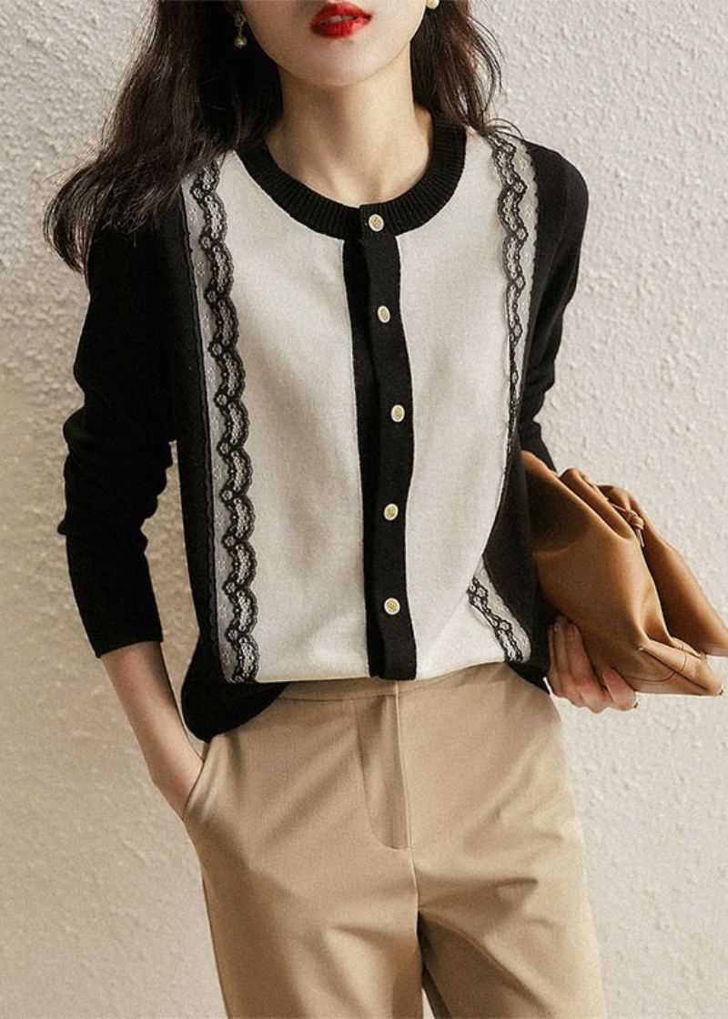 Cardigans En Tricot De Laine Noir Moderne Col Rond Bouton Dentelle Patchwork Automne