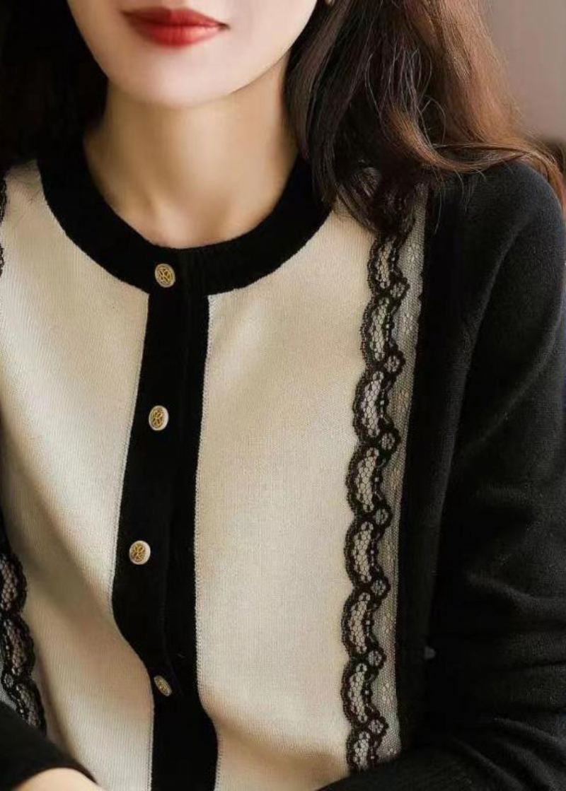 Cardigans En Tricot De Laine Noir Moderne Col Rond Bouton Dentelle Patchwork Automne - Manteaux en laine femmes