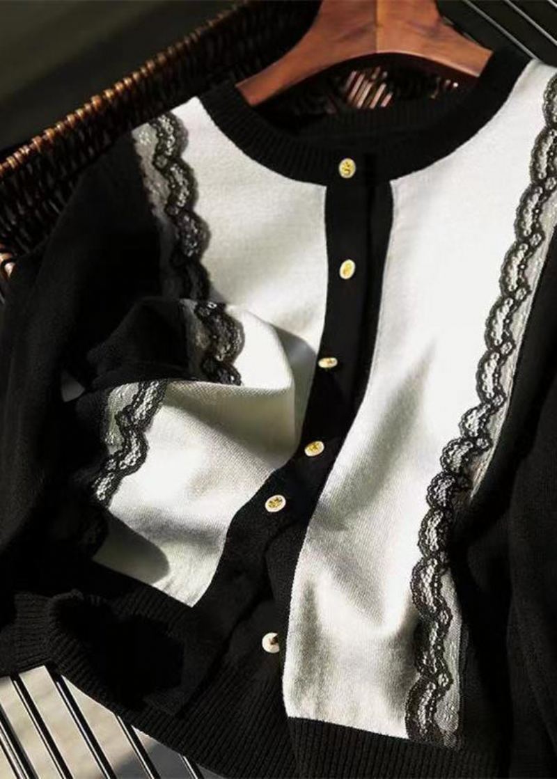 Cardigans En Tricot De Laine Noir Moderne Col Rond Bouton Dentelle Patchwork Automne - Manteaux en laine femmes