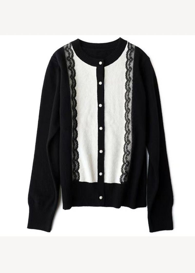 Cardigans En Tricot De Laine Noir Moderne Col Rond Bouton Dentelle Patchwork Automne - Manteaux en laine femmes