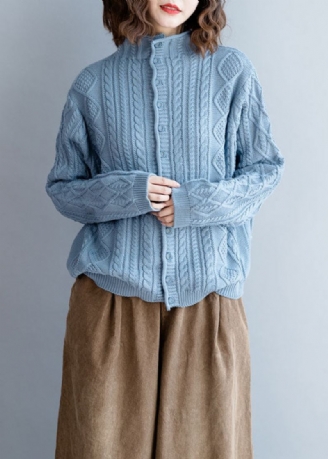 Chandails Décontractés En Tricot De Laine À Boutons À Col Roulé Bleu Clair Printemps