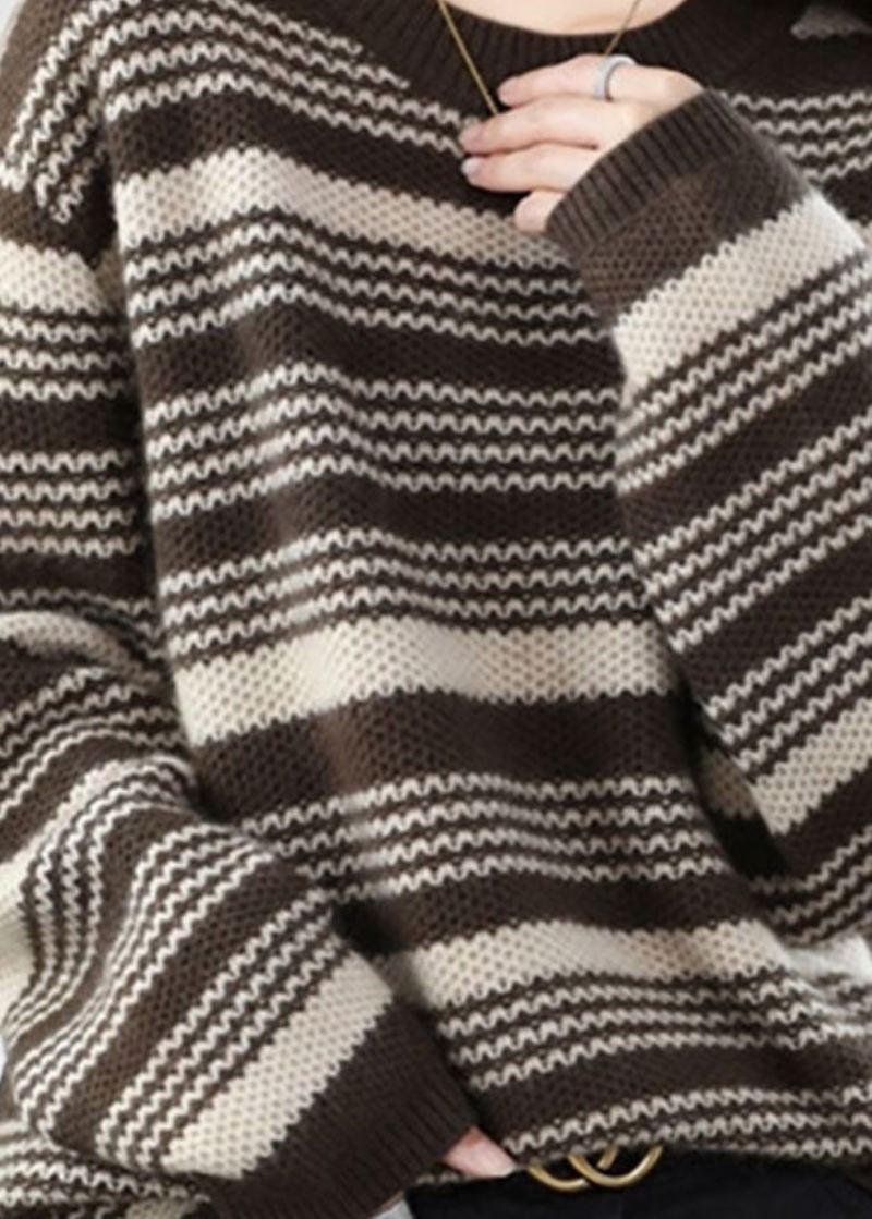 Chandails Tricotés En Laine Rayés Surdimensionnés À Col Rond Au Chocolat Italien Hiver - Manteaux en laine femmes