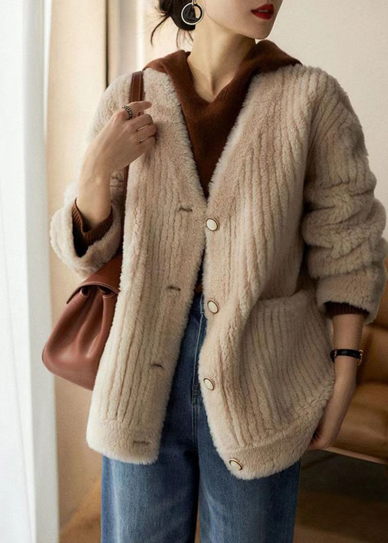 Chic Blanc Col En V Poches Patchwork Laine Manteaux Hiver - Manteaux en laine femmes