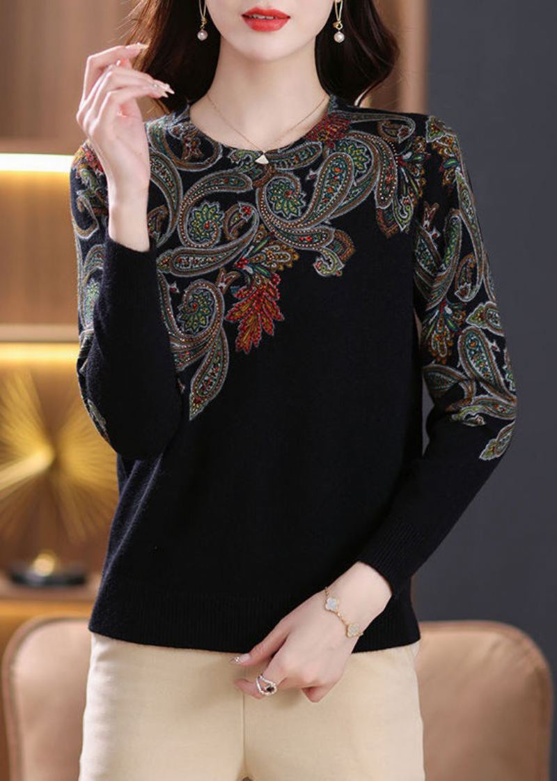 Chic Noir Col Rond Zircon Patchwork Laine Pulls À Manches Longues - Manteaux en laine femmes