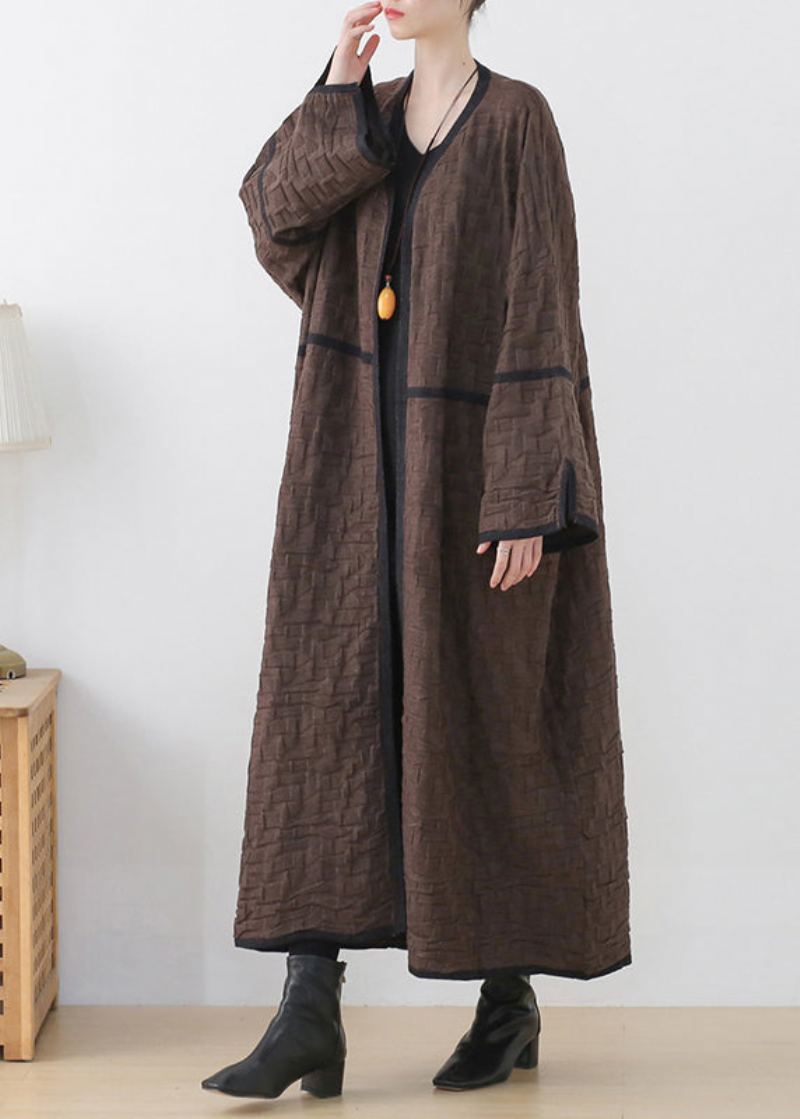 Couleur Chocolat Col En V Patchwork Laine Trench Manteaux À Manches Longues - Café