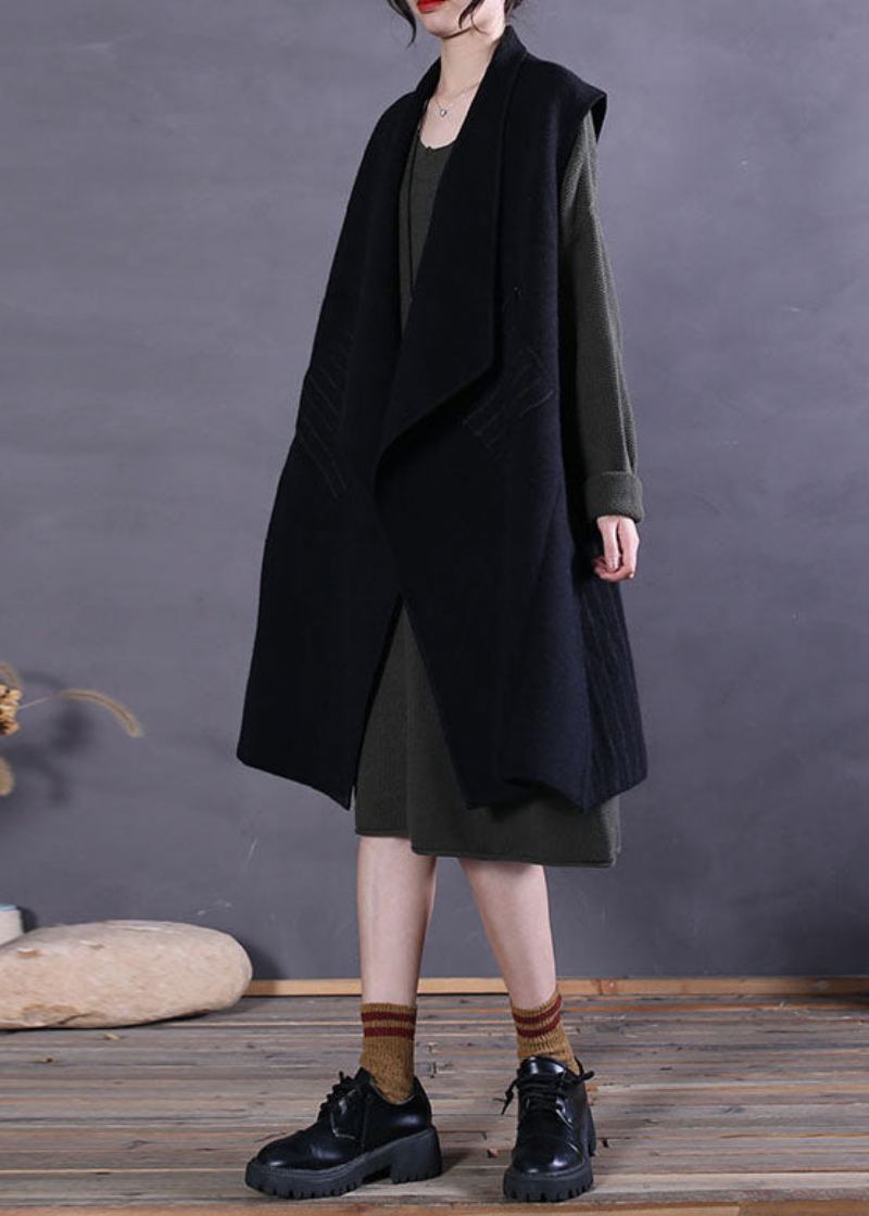 Débardeurs En Laine Patchwork Noir À Col Claudine De Grande Taille Sans Manches - Manteaux en laine femmes