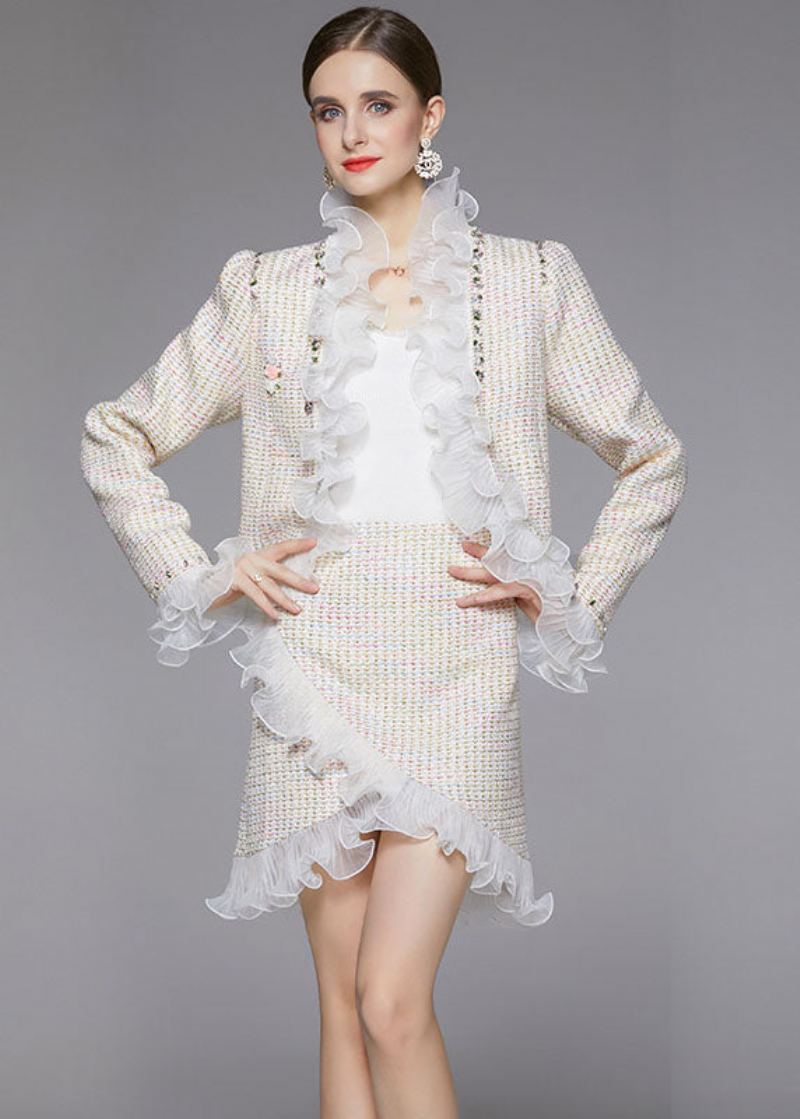 Élégant Beige Asymétrique Patchwork Volants En Laine Deux Pièces Costume Ensemble Automne - Manteaux en laine femmes