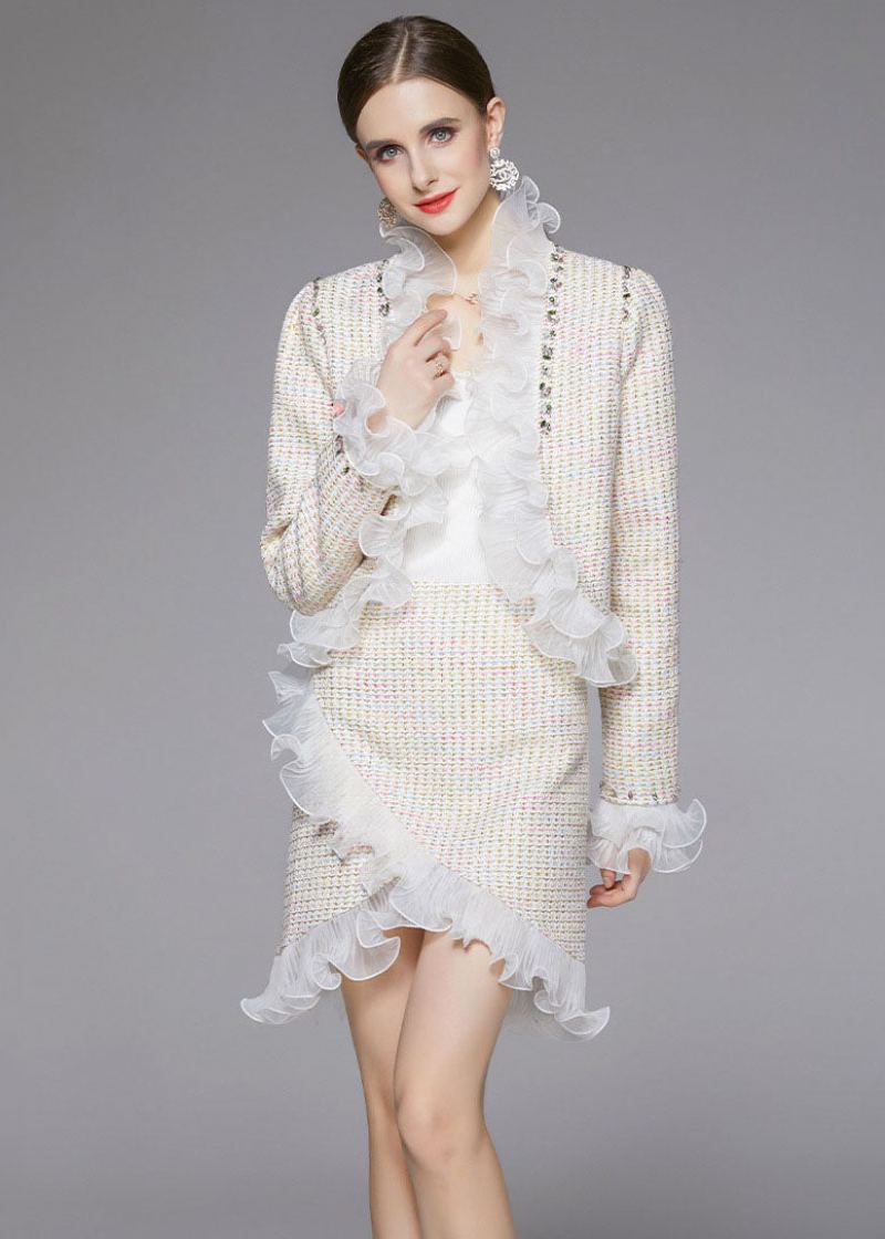 Élégant Beige Asymétrique Patchwork Volants En Laine Deux Pièces Costume Ensemble Automne - Manteaux en laine femmes